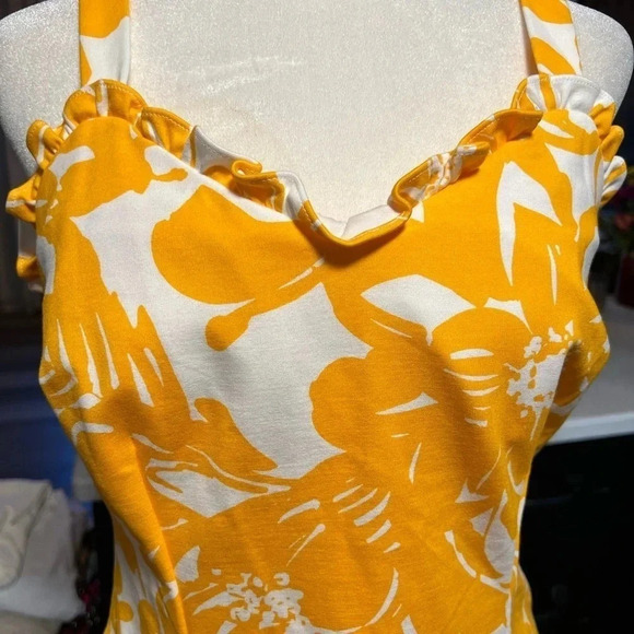 Trina Turk Zile Ruffle Floral Sheath Midi Dress Size 6 Yellow White Print Resort - Picture 6 of 11
